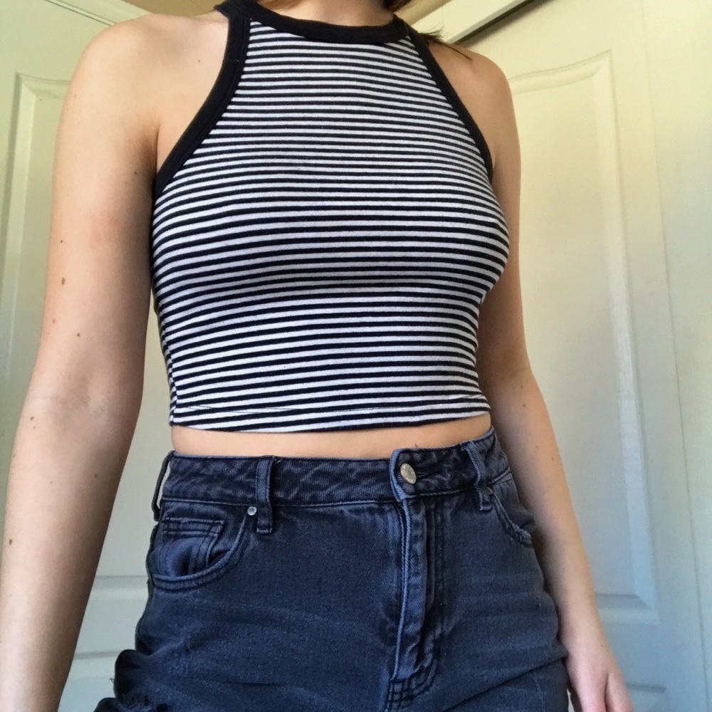 Black and white striped halter tank top